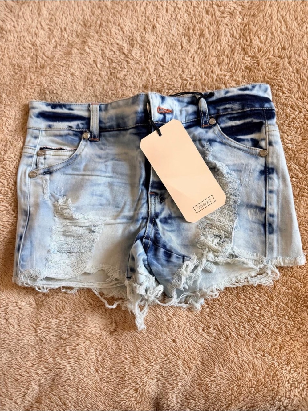 Boom Boom Jeans Light Blue & Navy Tie-Dye Distressed Denim Shorts